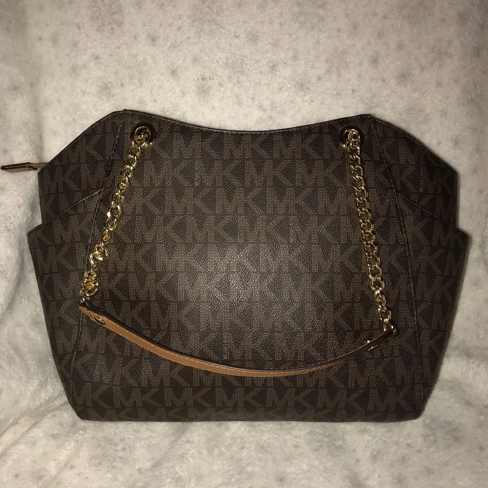 Michael Kors Brown Signature MK Logo Tote Bag with Gold Chain New without tags